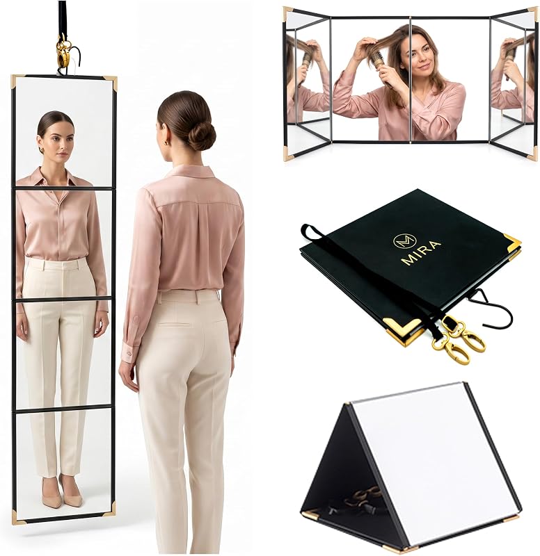 Espelho de corpo inteiro dobrável M MIRA em vidro, portátil para viagem, 4 painéis, dobra para 22,86 cm x 20,32 cm