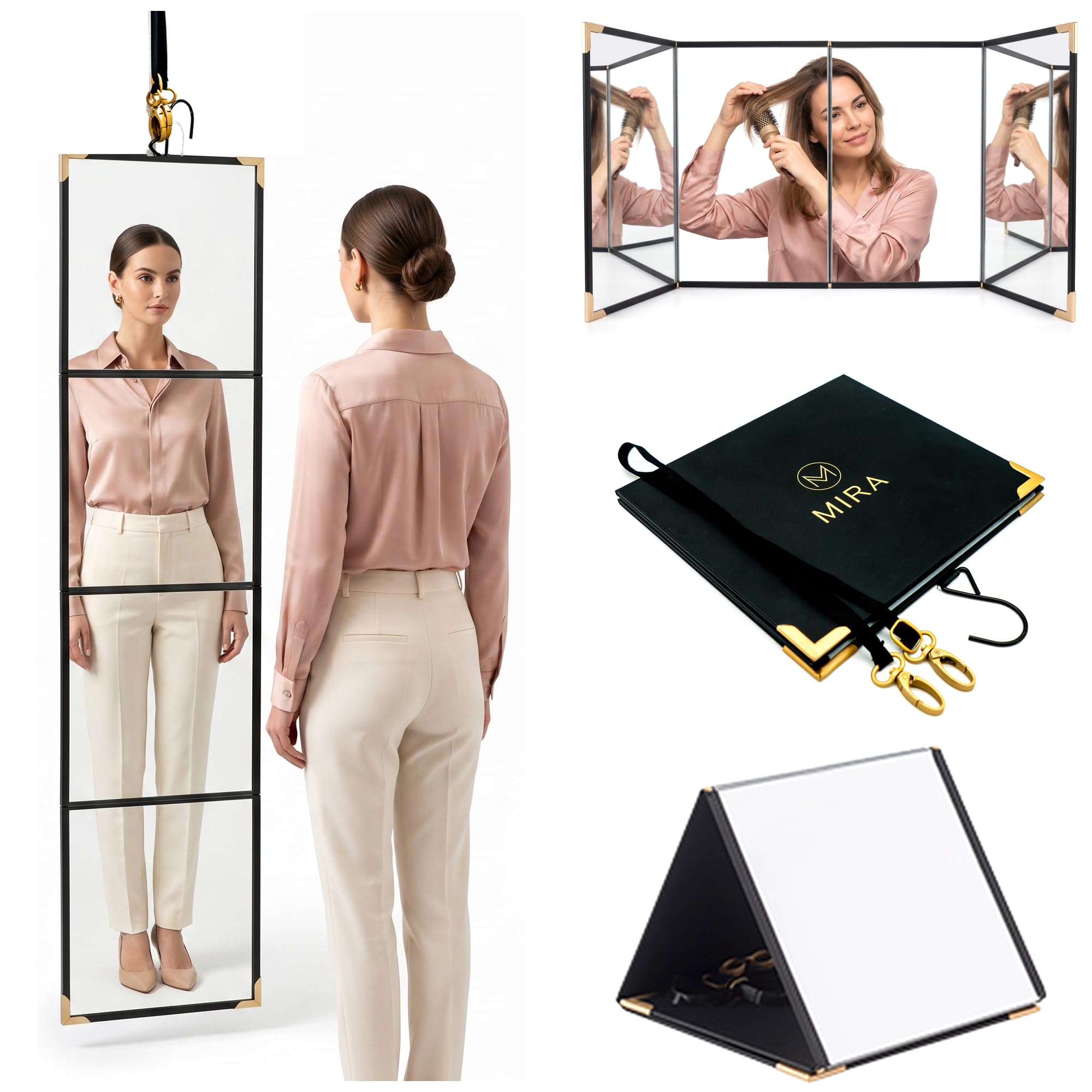MIRA Real Glass Foldable Full-Length Travel Mirror, Portable 4-Panel