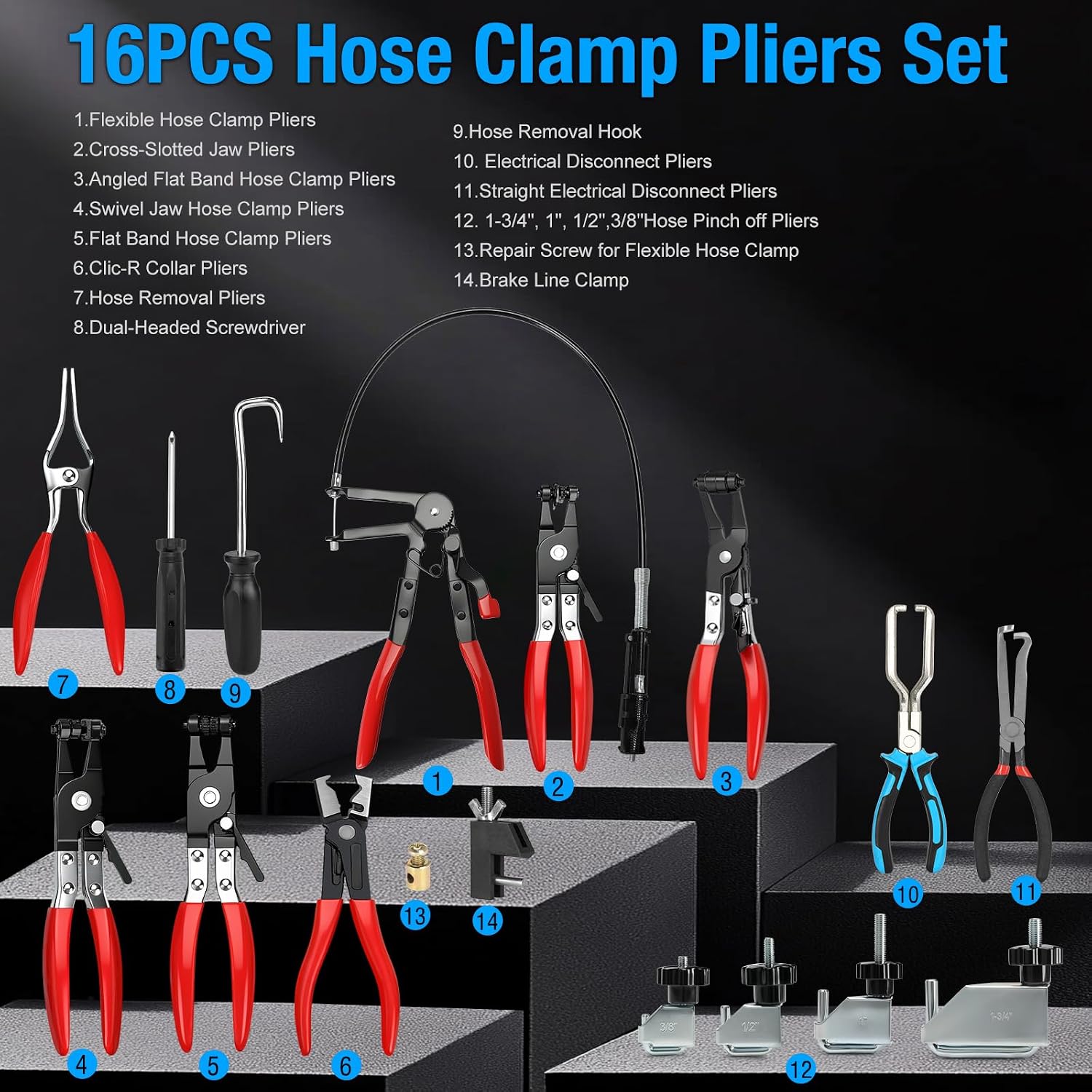 BETOOLL 16PCS Hose Clamp Pliers Set, Automotive Hose Clamp Removal Tool, Long Reach Flexible Wire Tools for Radiator, Heater, Coolant & Water Hoses image 2