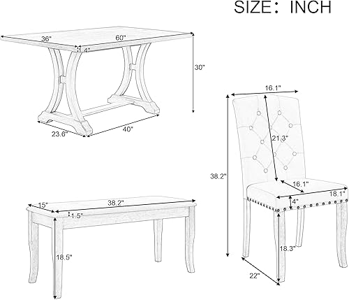 Miniatura 4 de Juego de mesa de comedor de granja de 6 piezas, mesa rectangular con caballete y 4 sillas y banco tapizados, juego de desayuno de madera maciza para