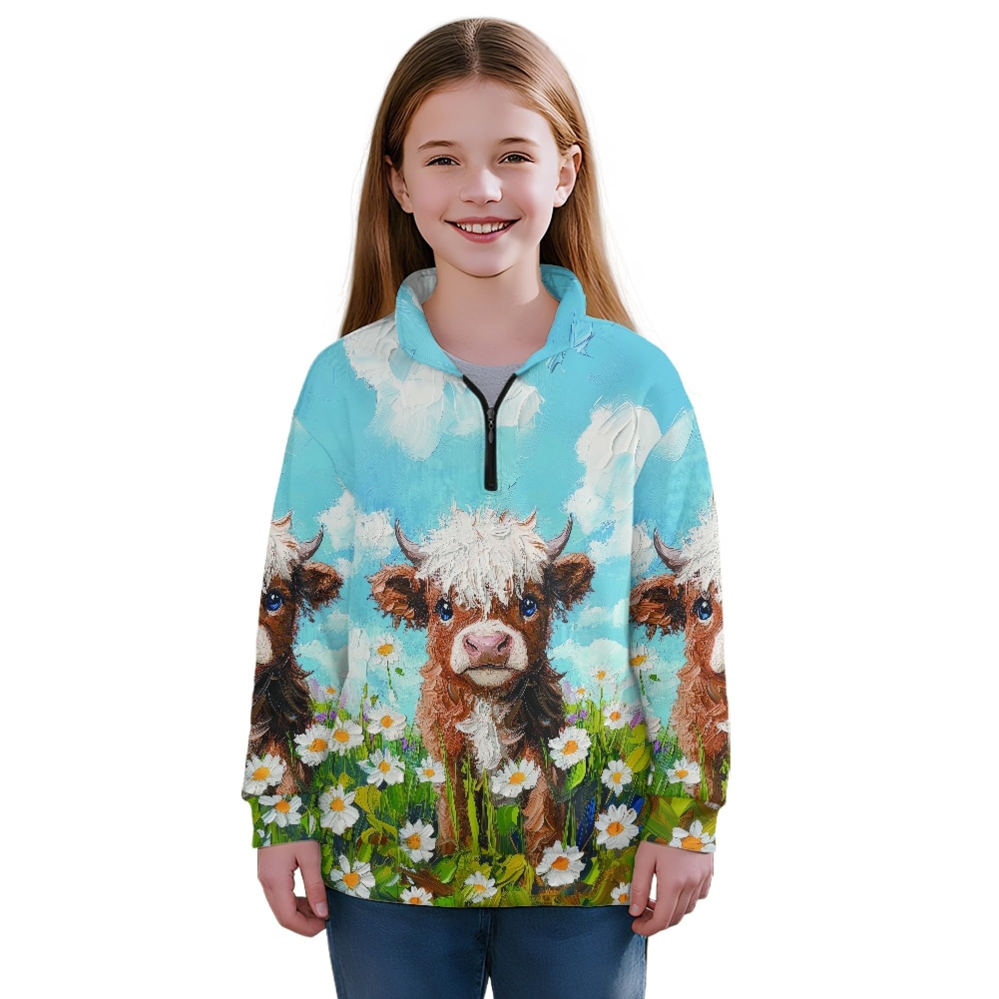 AmzPrint Half Zip Pullover Jackets Girls Long Sleeve Warm Pullover Back To School Running Oversized Hoodie For Big Girls