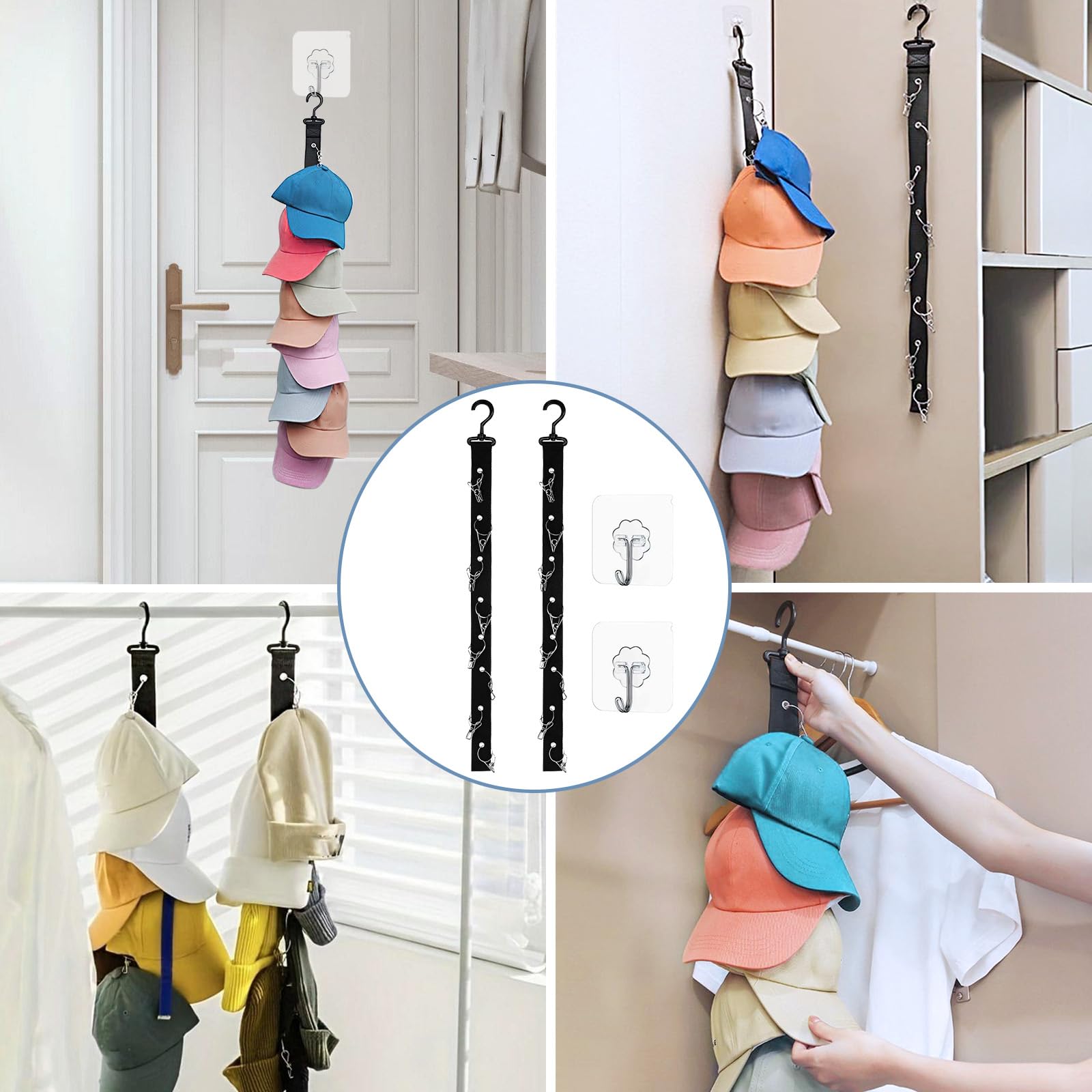 Organizador de Gorras Colgador Vertical 16 Ganchos Acero Inoxidable 2 Ganchos Adhesivos Soporte Pared Puerta Armario