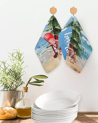 Miniatura 2 de Paquete de 2 toallas de cocina de algodón con tejido de gofre, sillas de playa, conchas marinas, olas, árbol de Navidad, absorbentes, de secado