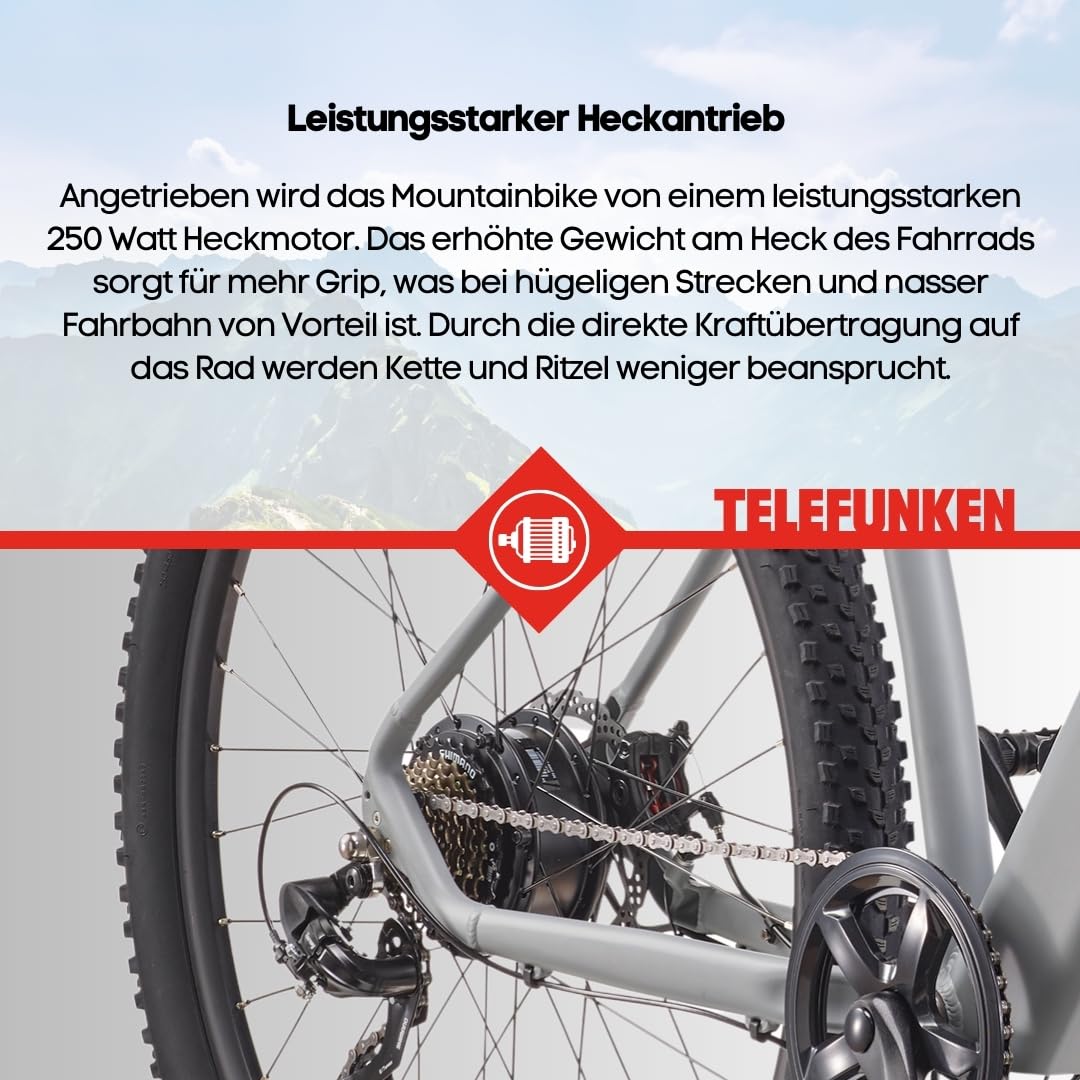 TELEFUNKEN E-Bike Mountainbike 29 Zoll für Herren und Damen | Elektrofahrrad mit 250W Hinterradmotor & 468 Wh Akku | 7-Gang Kettenschaltung | Scheibenbremsen | MTB Hardtail Pedelec