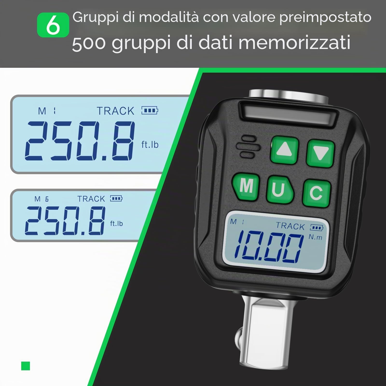 1/2" Dinamometro Digitale, Adattatore Chiave Dinamometrica Digitale, Chiave Dinamometrica, Preimpostata, Archivio Dati, Buzzer e Notifica LED, Adattatori da 1/4" 3/8" (1/2", 10-200 Nm)