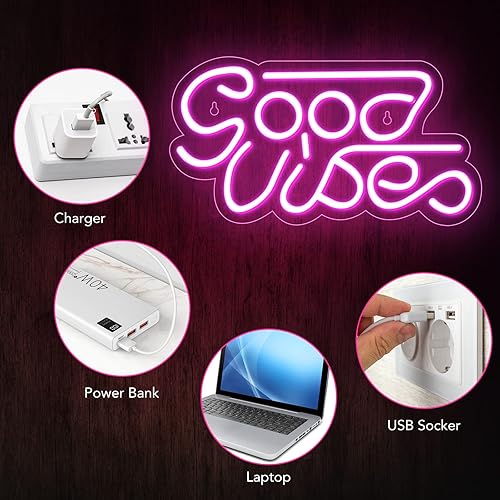 Miniatura 7 de Good Vibes Neon Sign, LED Neon Signs for Wall Decor, Neon Lights Powered by USB for Bedroom, Party, Bar, Wedding Decor-Pink(13 x 7 inch)