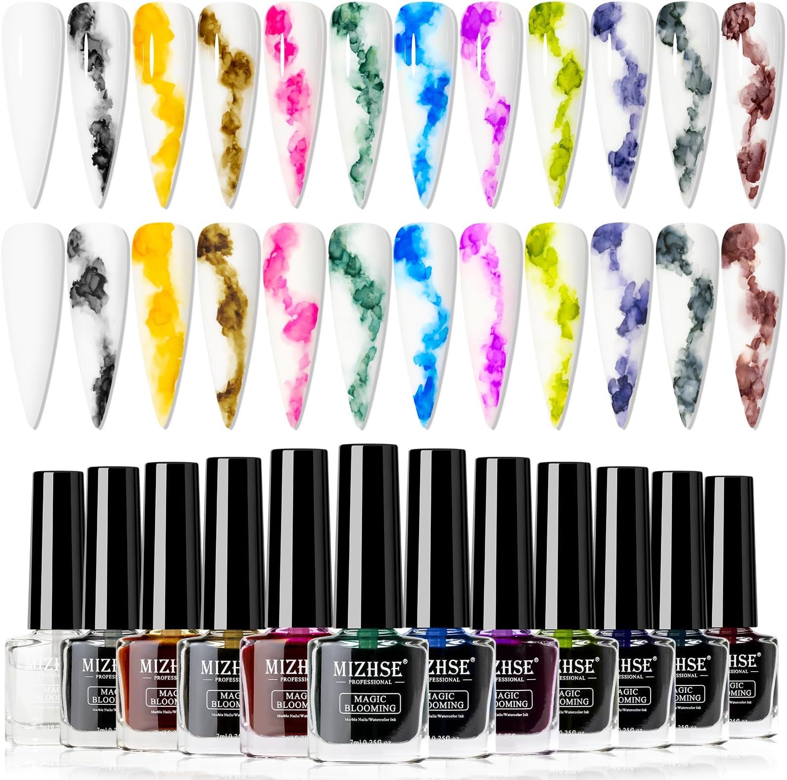 MIZHSE Marble Nail Polish, Marble Ink for Nails Gel Blooming Gel Nails Polish 12 Colors Nail Ink Magic Watercolor Pink Blue Purple Blossom Gels for Manicure Varnish Art Flower Design