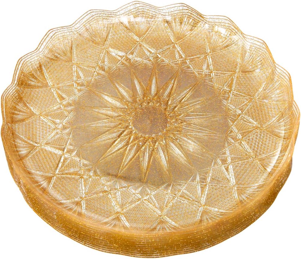 BUCLA 12pcs Crystal Plastic Plates- 9.5” Gold Glitter Plastic Dinner Plates for Fruit/Nuts