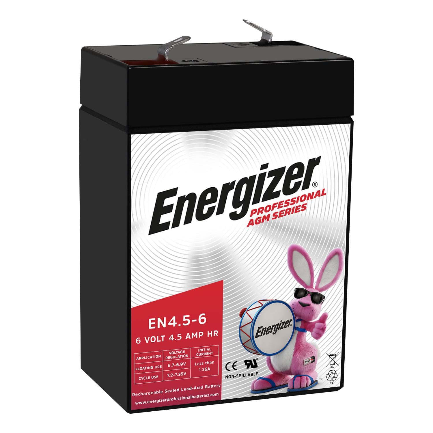 Energizer EN4.5-6, 6 Volt 4.5 Amp Hr, Long Lasting Sealed Lead Acid AGM Rechargeable Battery Ideal for Use in Kids Ride On, Emergency Lighting, Backup