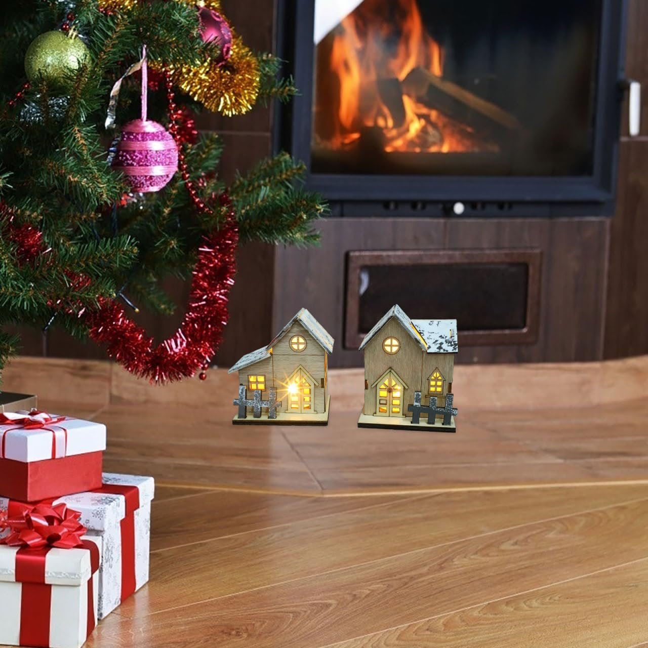 Kaufe LED Holz Schnee Häuser Dorf Ornamente Leuchtende Hütte Wald