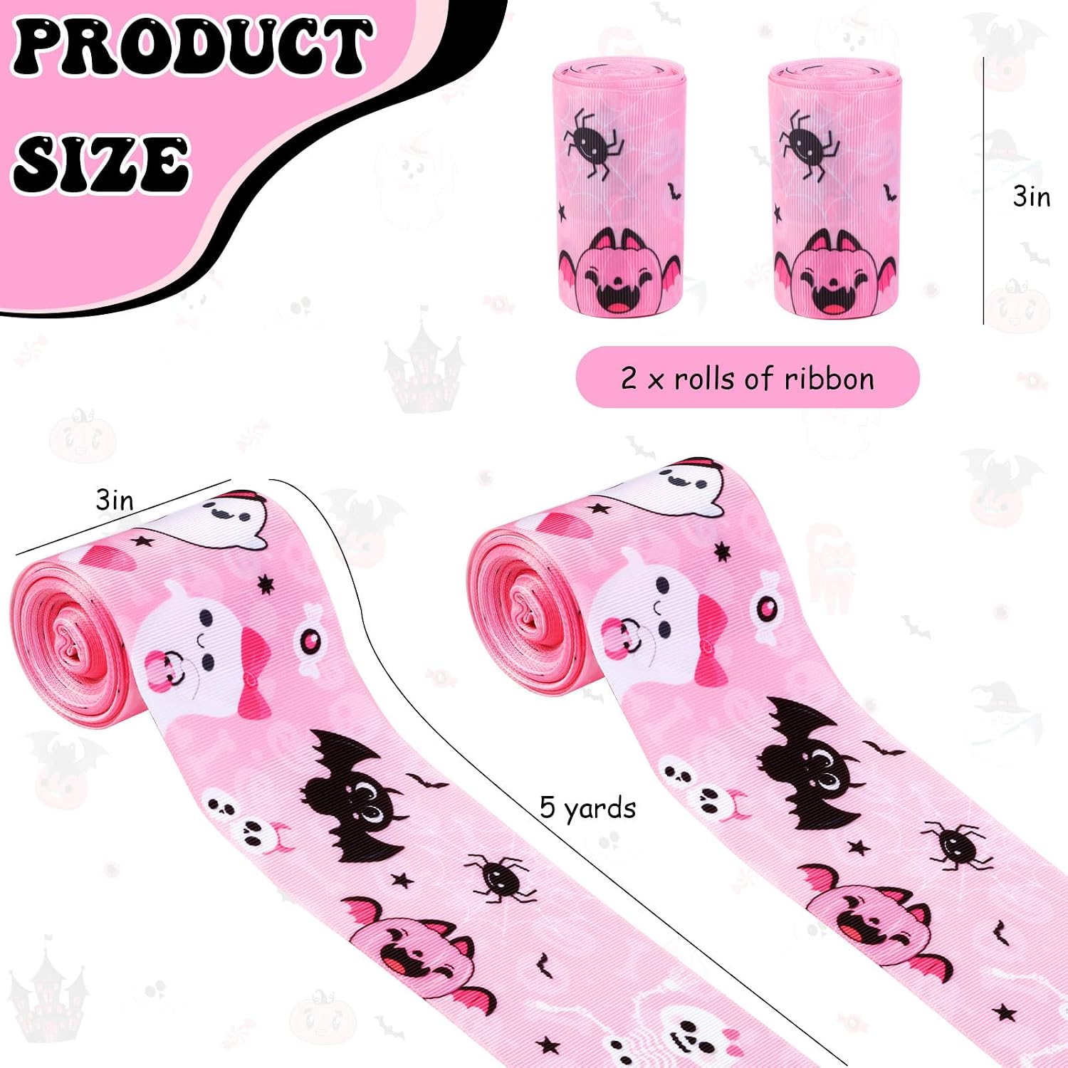 2 Rolls 10 Yards Pink Black Halloween Grosgrain Ribbons - 2.95 Inch Ghost Spider Pumpkin Bat Printed Ribbon, Halloween Themed Fabric Ribbon for Diaper Cake Decorations Wrapping Gifts
