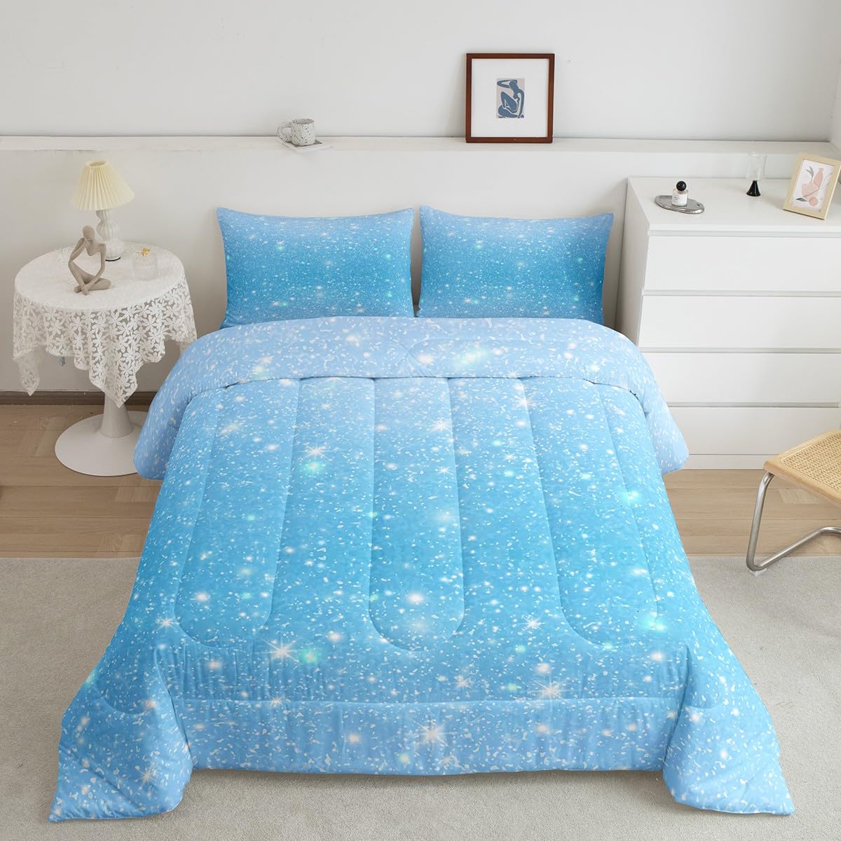 FeelyouKids Boys Girls Glitter Blue Comforter Set Full, Bedding Set Glitter Comforter for Rainbow Duvet Set 3Pcs Room Decor Quilt Set Bedding Collection