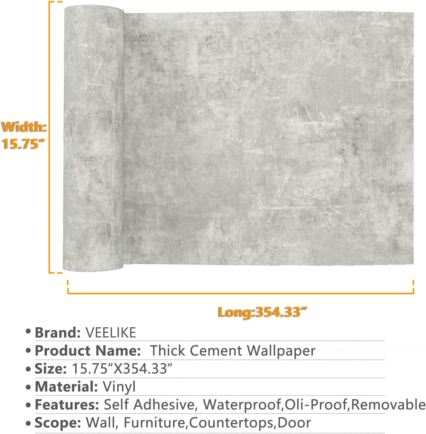 VEELIKE 15.7''x354'' Concrete Contact Paper for Countertops Waterproof Light Concrete Wallpaper Textured Peel and Stick Limewash Wallpaper Self Adhesive Cement Murals Removable for Cabinets Furniture