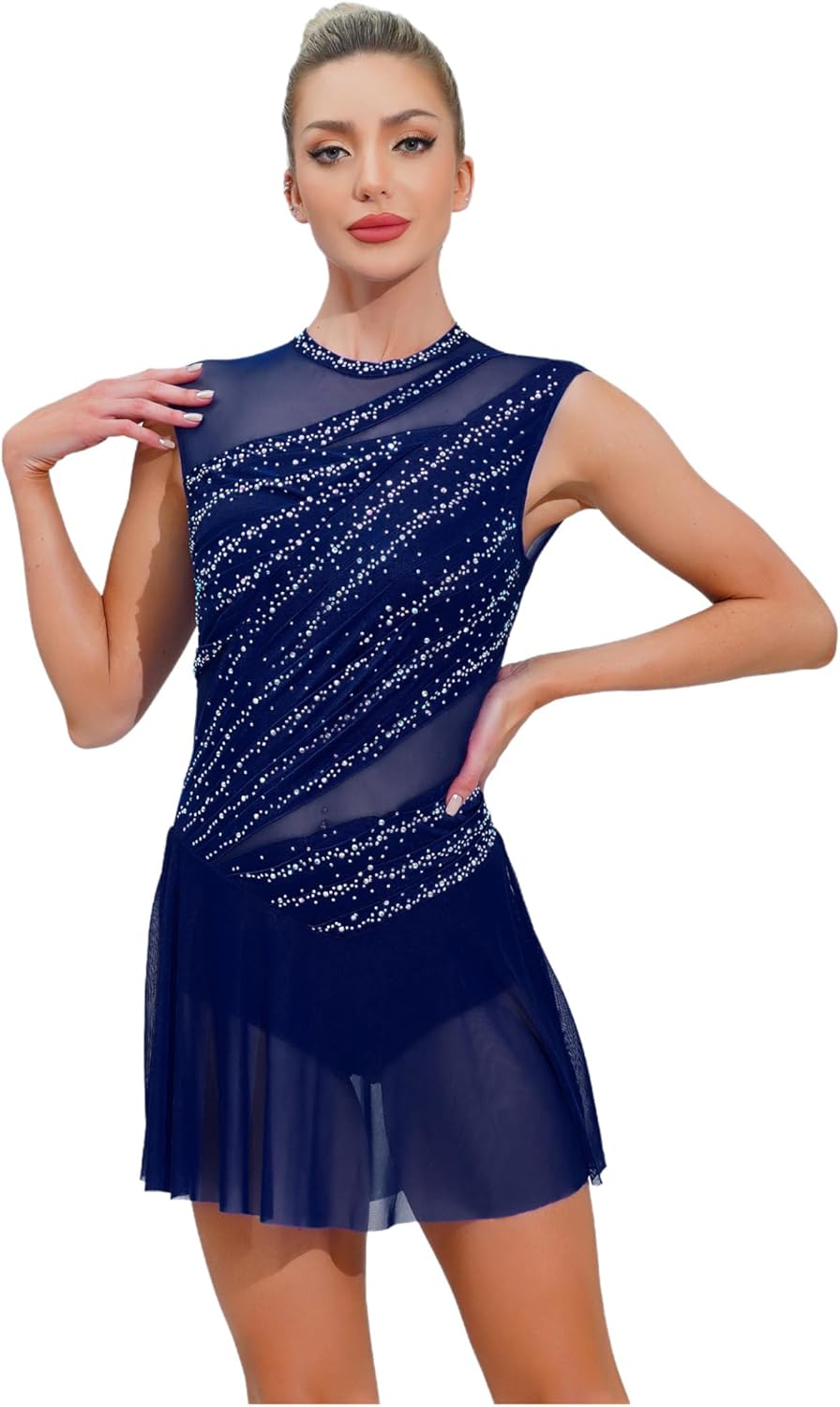 Lyrical Dance Costume for Women Rhinestone Figure Skating Dresses Sleeveless Ballet Dancewear