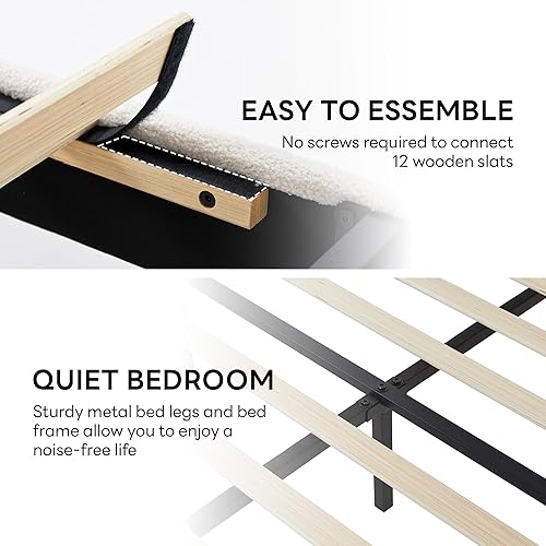 Miniatura 7 de LIKIMIO Base de cama Queen con cabecero, cama de plataforma tapizada Boucle con puertos USB, base de cámaras Queen no necesita somier, color blanco