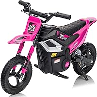 Hikiddo 24V 10Ah Electric Dirt Bike for Kids - 350W Motor, 150lbs Capacity, Bluetooth, Rear Suspension - Rose Pink