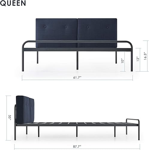 Miniatura 43 de Mellow Maggie - Cama de plataforma de metal con cabecera tapizada con cojín, listones de acero, fácil montaje, gris cielo, tamaño Queen Gris (Sky
