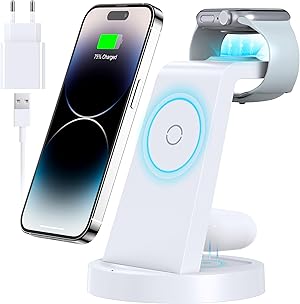 3 in 1 für iPhone Ladestation Schnelles Kabelloses Ladegerät - Wireless Charger für iPhone 17 Air 16e 16 15 14 13 12 11 X Pro Max & für Apple Watch und für Air Pods 4 3 2 Pro mit 18W Adapter (Weiß)