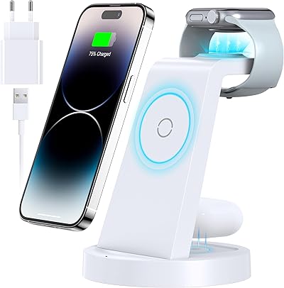 3 in 1 für iPhone Ladestation Schnelles Kabelloses Ladegerät - Wireless Charger für iPhone 17 Air 16e 16 15 14 13 12 11 X Pro Max & für Apple Watch und für Air Pods 4 3 2 Pro mit 18W Adapter (Weiß)