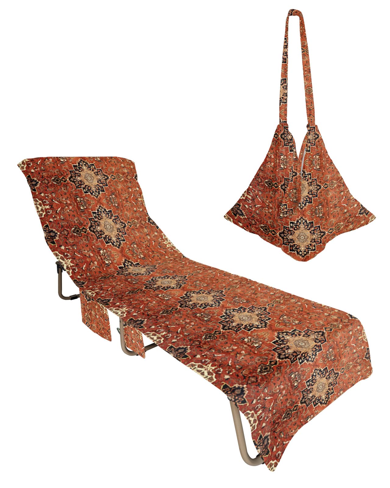 Brown Red Beach Lounge Chair Towel Cover, Soft Chaise Lounge Towel with Side Pockets Patio Pool Chairs Cover for Beach/Pool Sunbathing 29x85 Vintage Boho Ethnic Geometric Abstract Art
