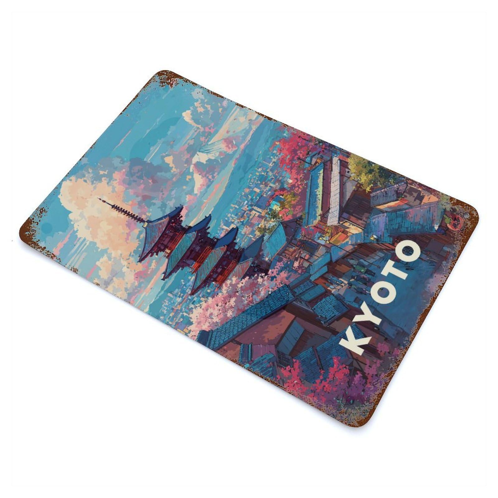 Kyoto Cityscape with Pagoda And Mountain Rusty Metal Tin Sign 11.8"x7.9", for Living Room, Hallway And Home Decor, Old School Wall Decor