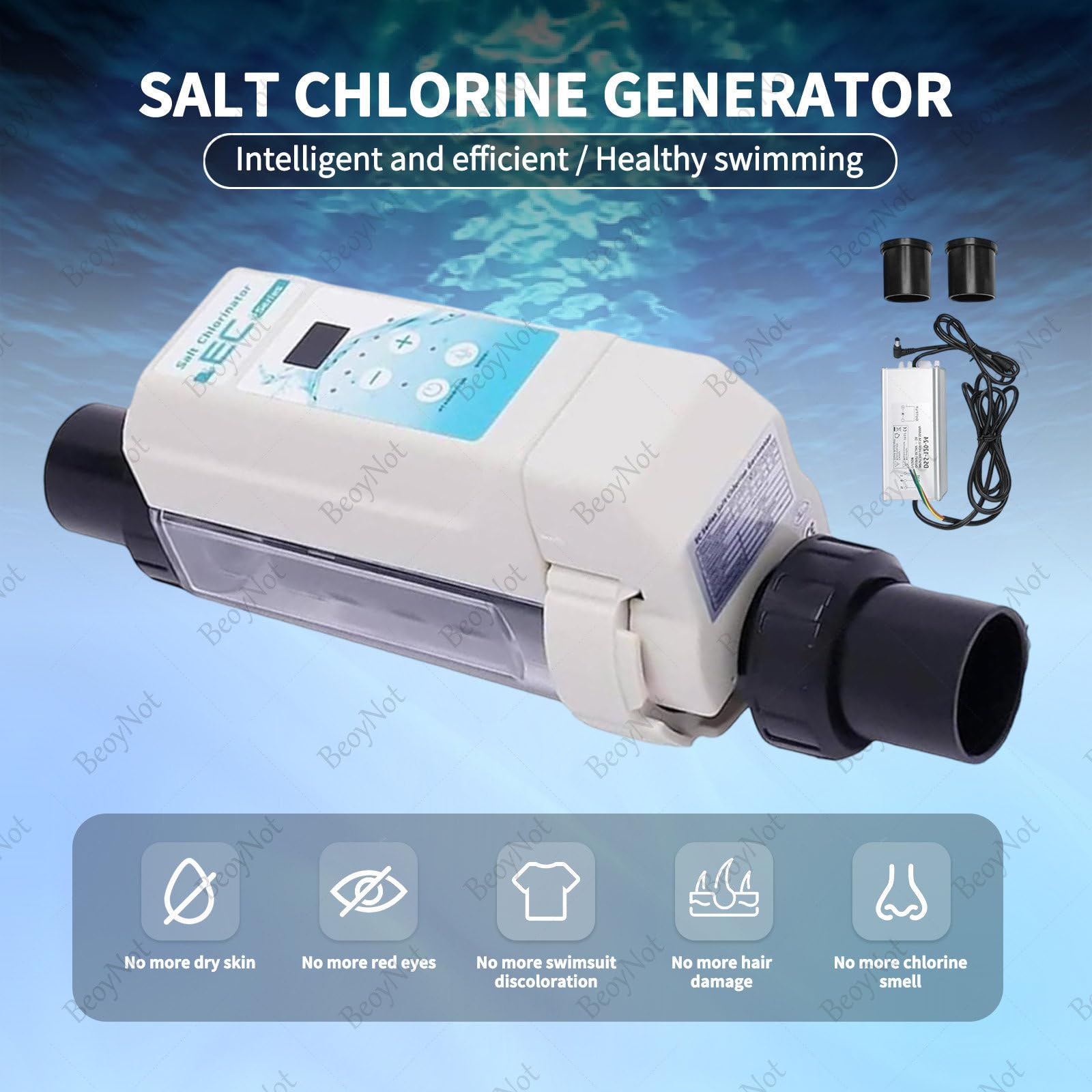 Generador de Cloro salino, con celda de Titanio, para Piscinas de hasta 35 m³/50 m³/68 m³/85 m³, Pantalla Digital y función de autolimpieza 8g/H≤35m³