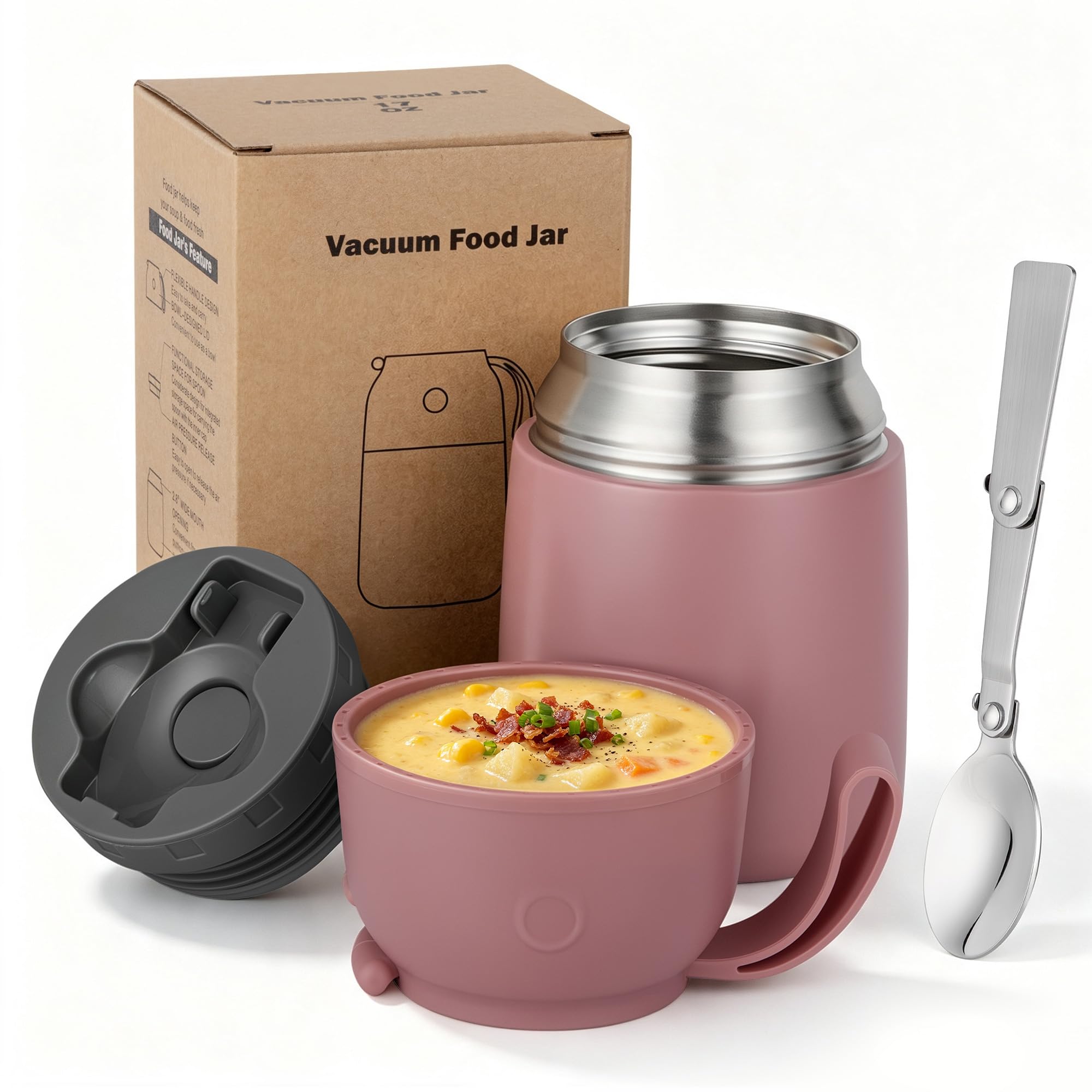 Insulated Thermo Food Jar for Hot &amp; Cold Food for Adult, 17 oz Soup Thermal Hot Food Containers for Lunch, Triple Layer Insulation Stainless Steel Food Jar with Spoon (New Pink2)