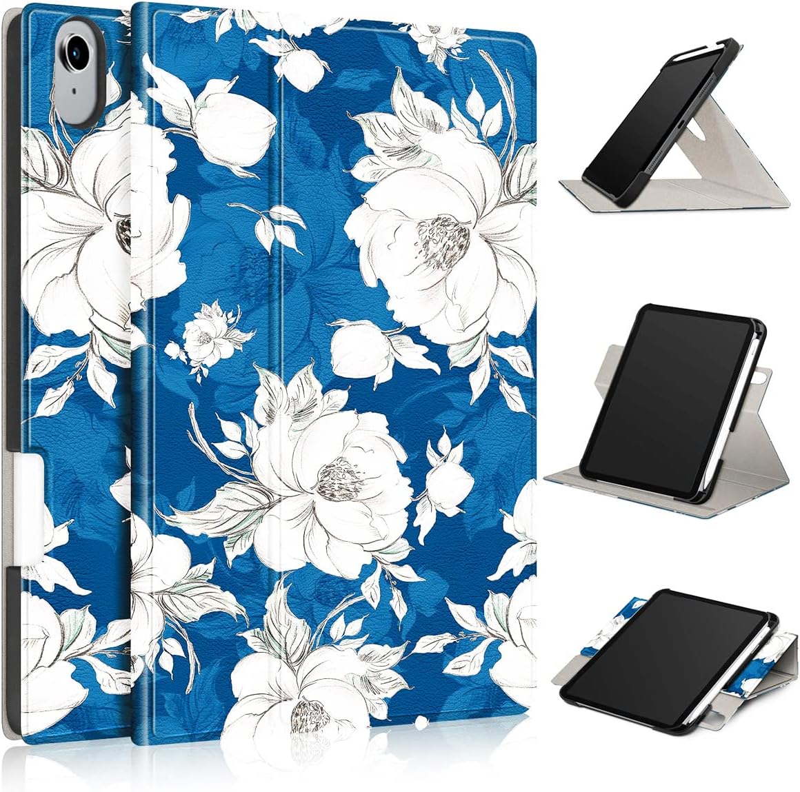 BOZHUORUI Rotating Case for ipad Mini 6 Tablet (8.3 inch, 2021 Released) - 360 Degree Swiveling Stand Cover with Pencil Holder and Auto Sleep/Wake (Blue Peony)
