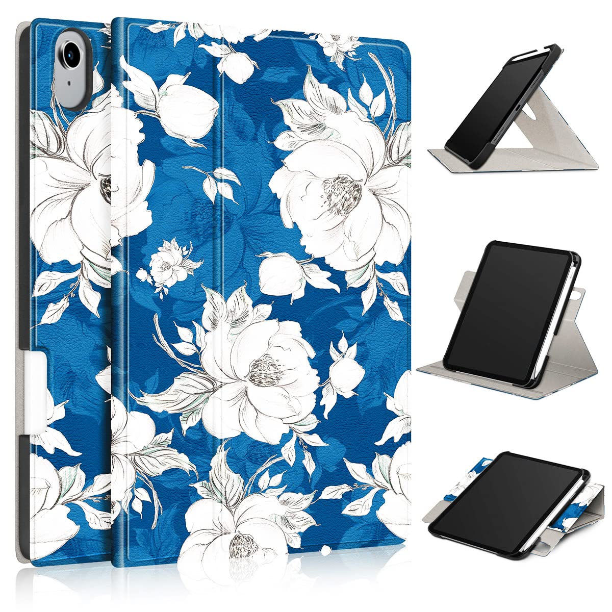 BOZHUORUI Case for All-New ipad Mini 6th Generation 8.3 inch (2021 Released) - with Pencil Holder/Auto Sleep/Wake, 360 Degree Rotating Stand Cover for All-New ipad Mini 6th Gen (Blue Peony)