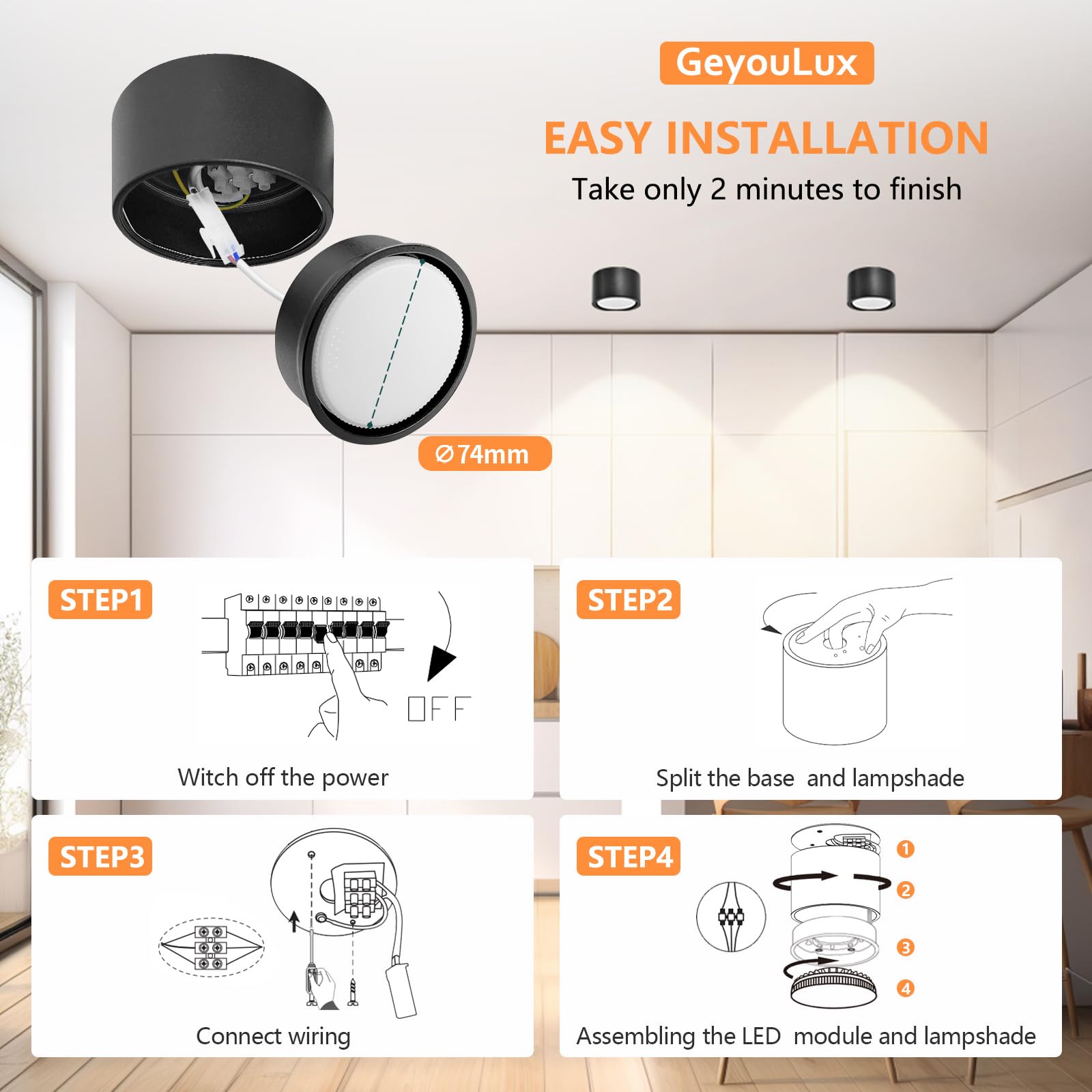 GeyouLux 4 Pezzi Faretti LED Soffitto 6W 680LM Faretti da Soffitto 4000K Luce Naturale Faretto LED Interno Ø95x55mm Plafoniera led Soffitto in Alluminio per salone corridoio cucina salotto, Nero