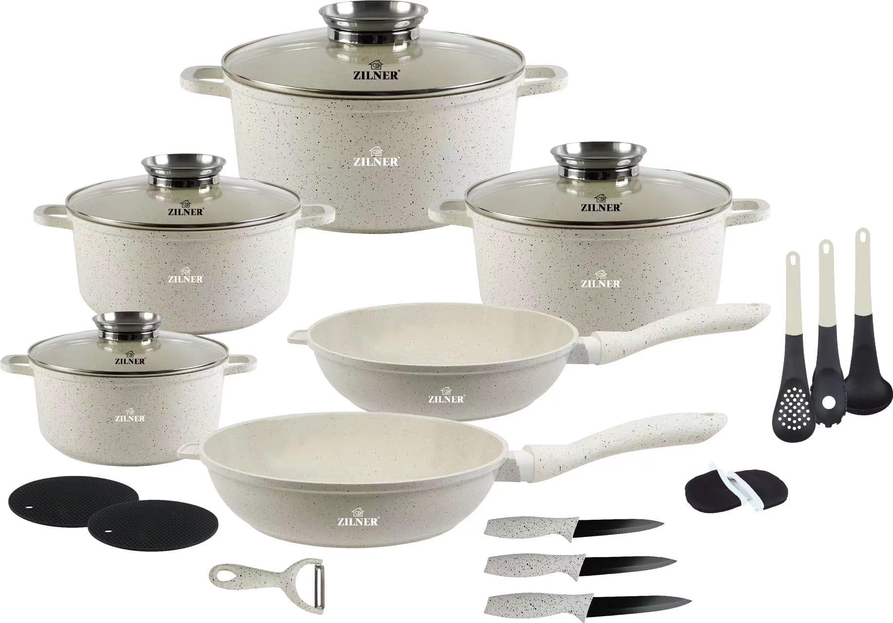 Lot de 21 Casseroles Revêtement Céramique-Marbré Blanc Tous Feux | Couvercles en Verre, Antiadhésif Marbré, Compatible Induction, Set Cuisine Complet, Aluminium