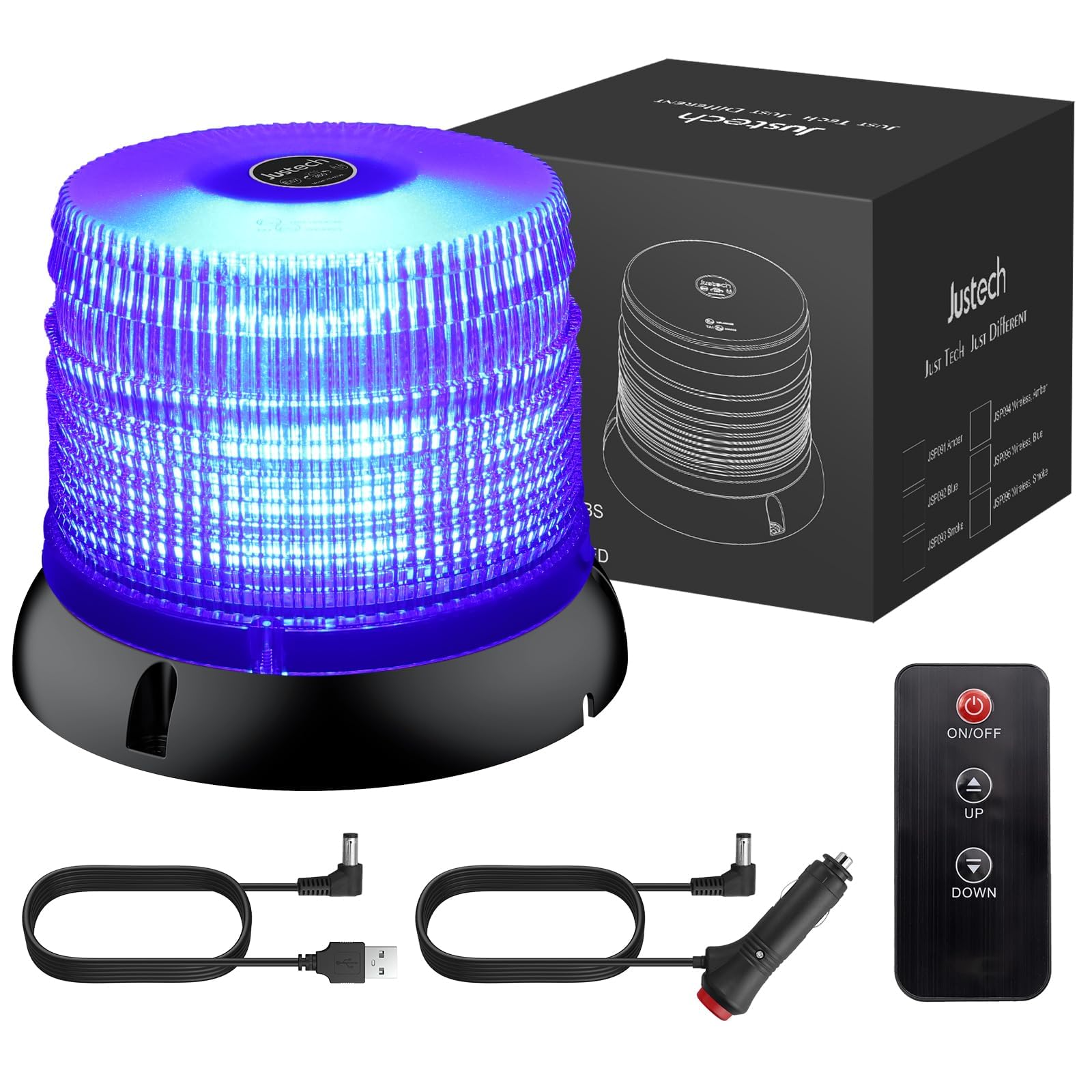 Justech Lumière Rotative 72LED Approuvée Stroboscopique E57, Lumière d’avertissement Sans Fil Bleue avec Télécommande, étanche IP65, 6 Modes de Vol pour Camion 12V / 24V, Remorque, Tracteur