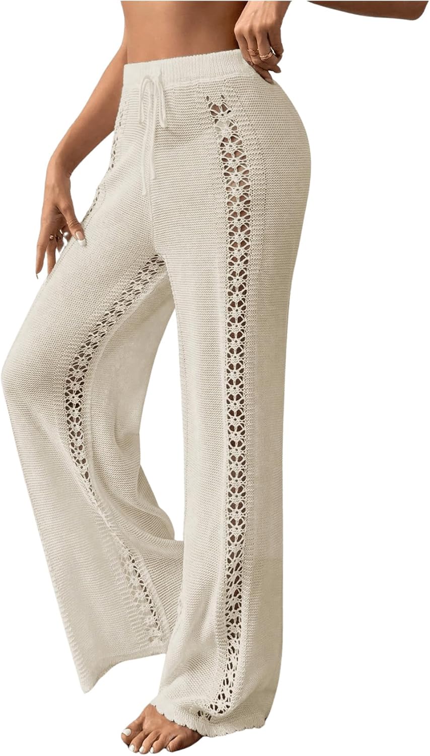 SHENHE Women's Knit Cover Up Pants for Swimwear Loose Fit Hollow Out Beach Pants Coverups