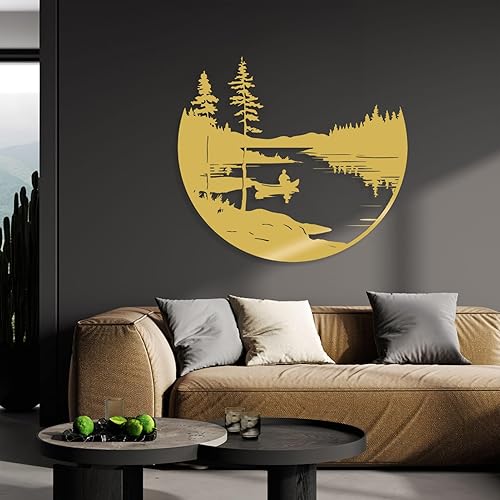 Decoración de pared metálica de bosque y lago, arte de pared de metal de árboles, decoración de naturaleza y bosque, decoración de granja de metal,