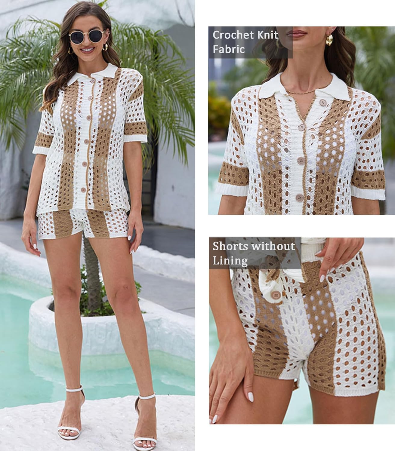 KANSOON Short Sets Women 2 Piece Outfits Knit Color Block Short Sleeve Button Down Shirt and Shorts Set - Image 2