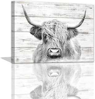 Cow Decor - Cow Pictures Wall Decor Black and White Highland Cow Wall Art for Bathroom Rustic Kitchen Wall Decor Country Kitchen Decor Home Decor Farmhouse Bathroom Picture Wall Decor Framed 12x16inch