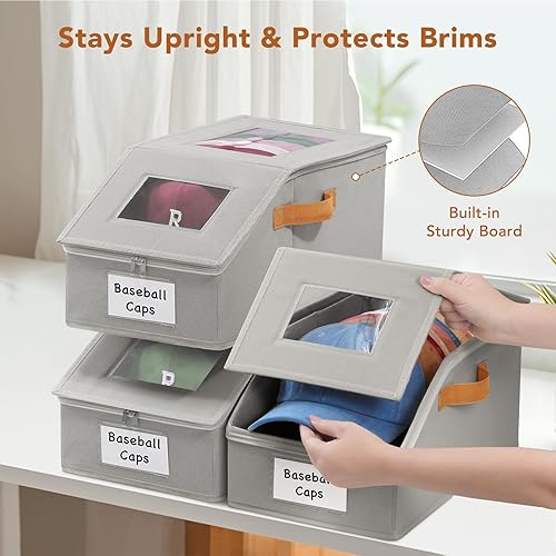 Miniatura 4 de Organizador de sombreros y caja de almacenamiento extra grande para gorra de béisbol con ventanas transparentes dobles a prueba de polvo, doble