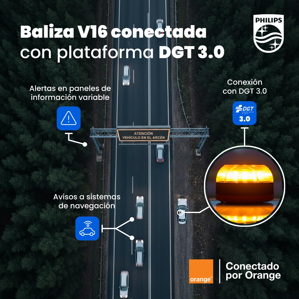 Philips Awaryjny Beacon V16 z geolokalizacją i połączeniem DGT 3.0 – zatwierdzony, plan danych w zestawie, podstawa magnetyczna, wysoka widoczność 1 km, odporna na deszcz i wiatr, baterie AA w