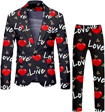 2 Piece Heart Shape Print Suit for Men Heart Shape Print Outfit for Men Suits for Dinner, Prom, Wedding, Blazer Pants Set, Heart Print, Tuxedo Suit Jacket