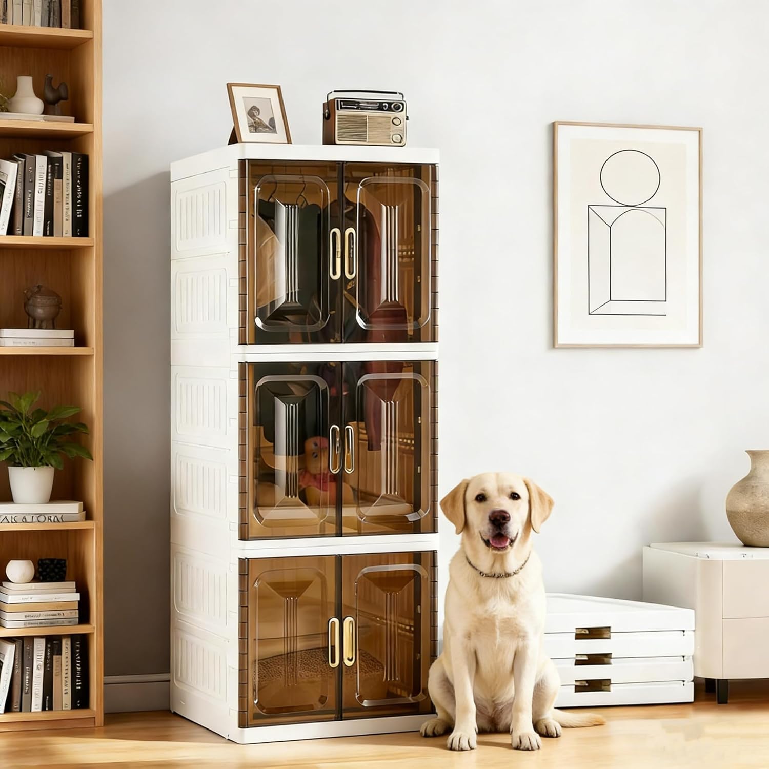 YHB Easy Assembly Wardrobe Portable Closet Storage Cabinet, Pet Collapsible Clothes Organizers,White, Collapsible Wardrobe with Visualization Doors, Rolling Wheels