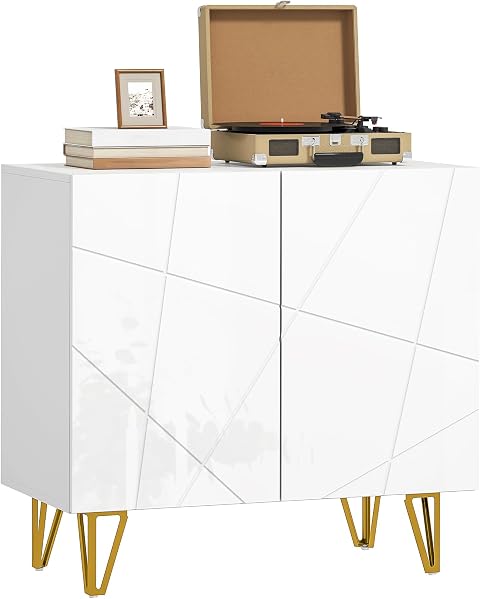HOMCOM Aparador para Salón Aparador de Entrada 80x40x75 cm Blanco Brillo | 2 Puertas, Estantes Ajustables, Armario de Almacenamiento, Cocina, Sala