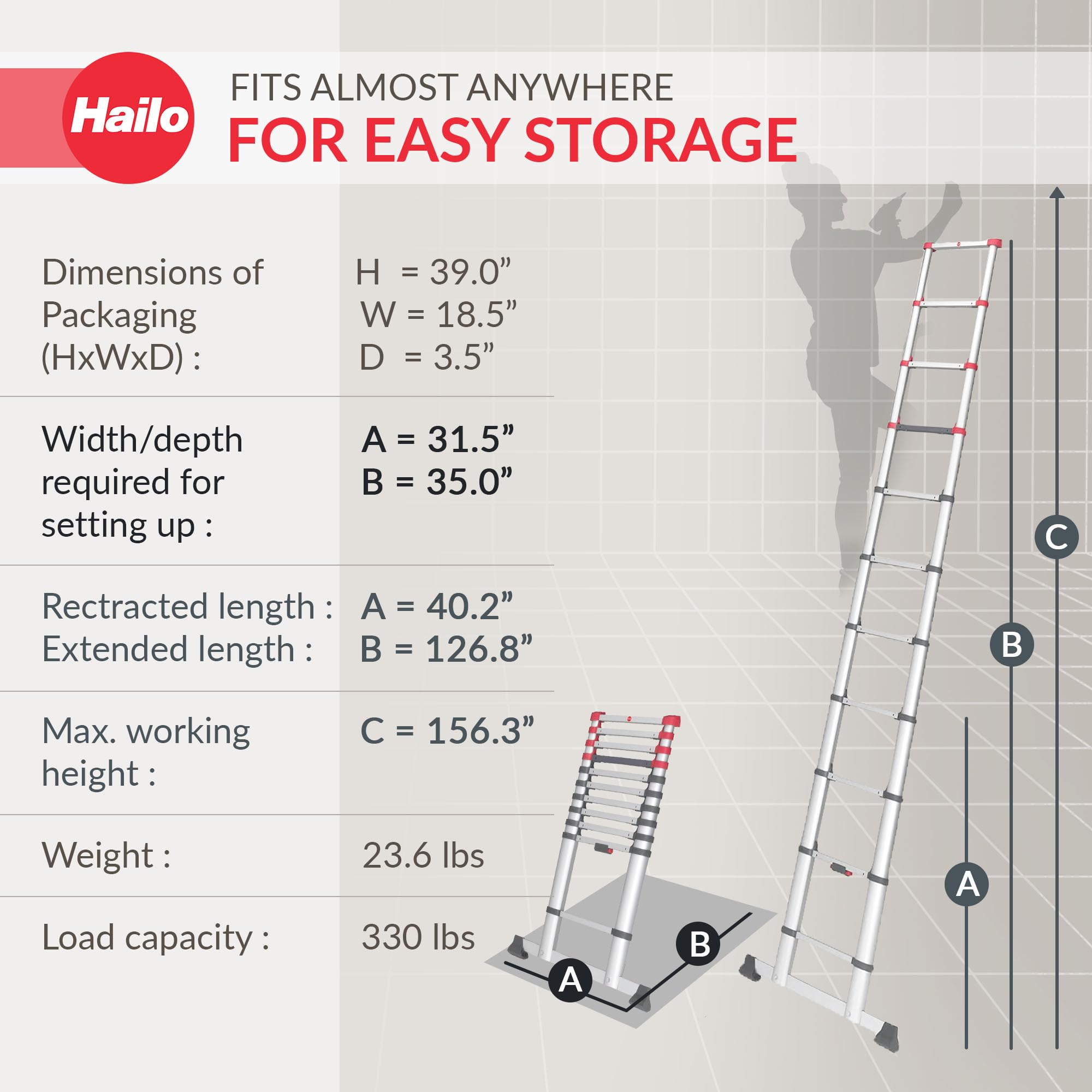 Hailo T80 FlexLine aluminiowa drabina teleskopowa – wysuwana drabina przystawna z 11 szczeblami – wysokość robocza do 397 cm – waga 10,7 kg – srebrna
