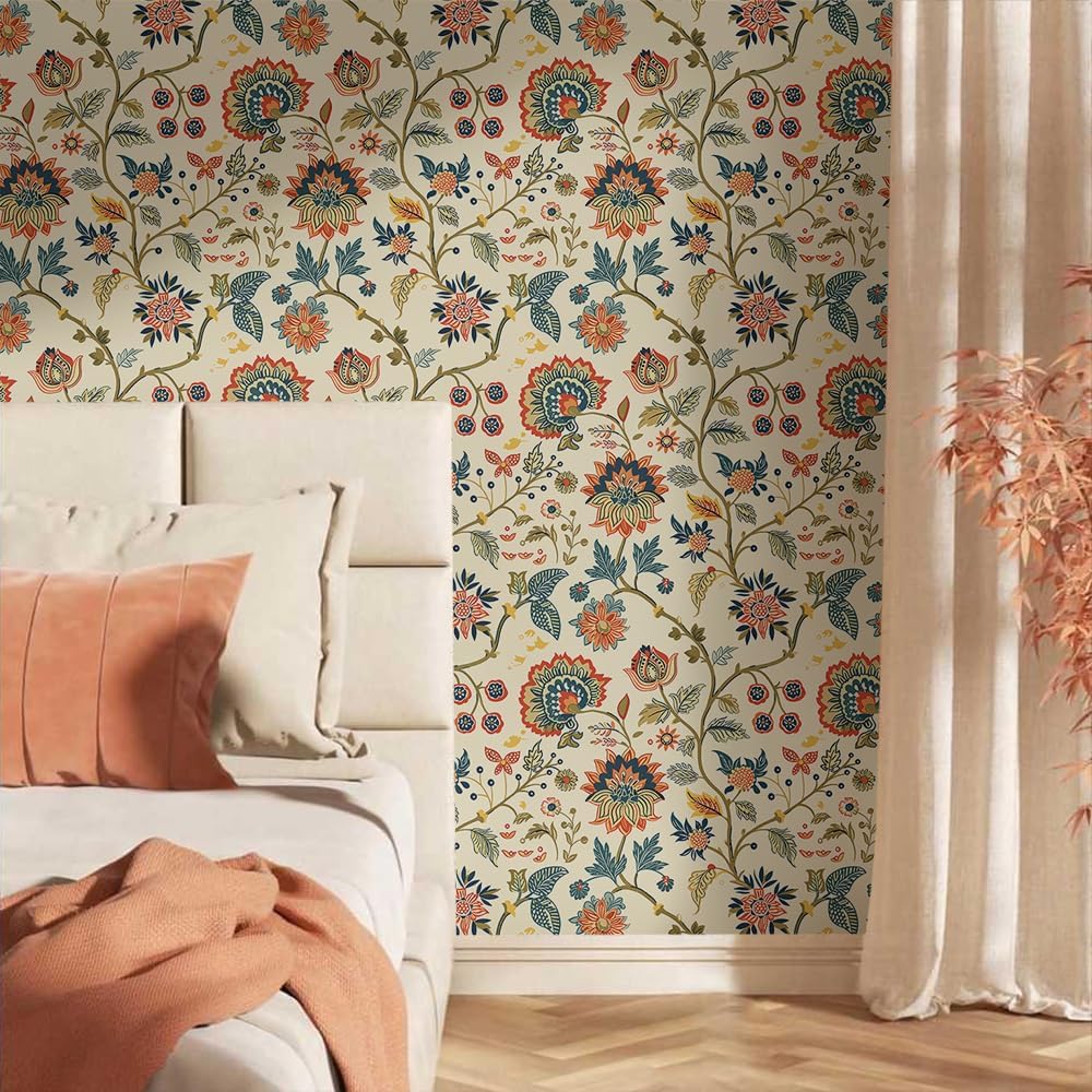 18"x236"Boho Beige Orange Red Flower Green Leaf Peel and Stick Self Adhesive Wallpaper Removable Contact Paper Stick on Easy Peel Off Wall Paper for Kitchen Bedroom Bathroom Renter