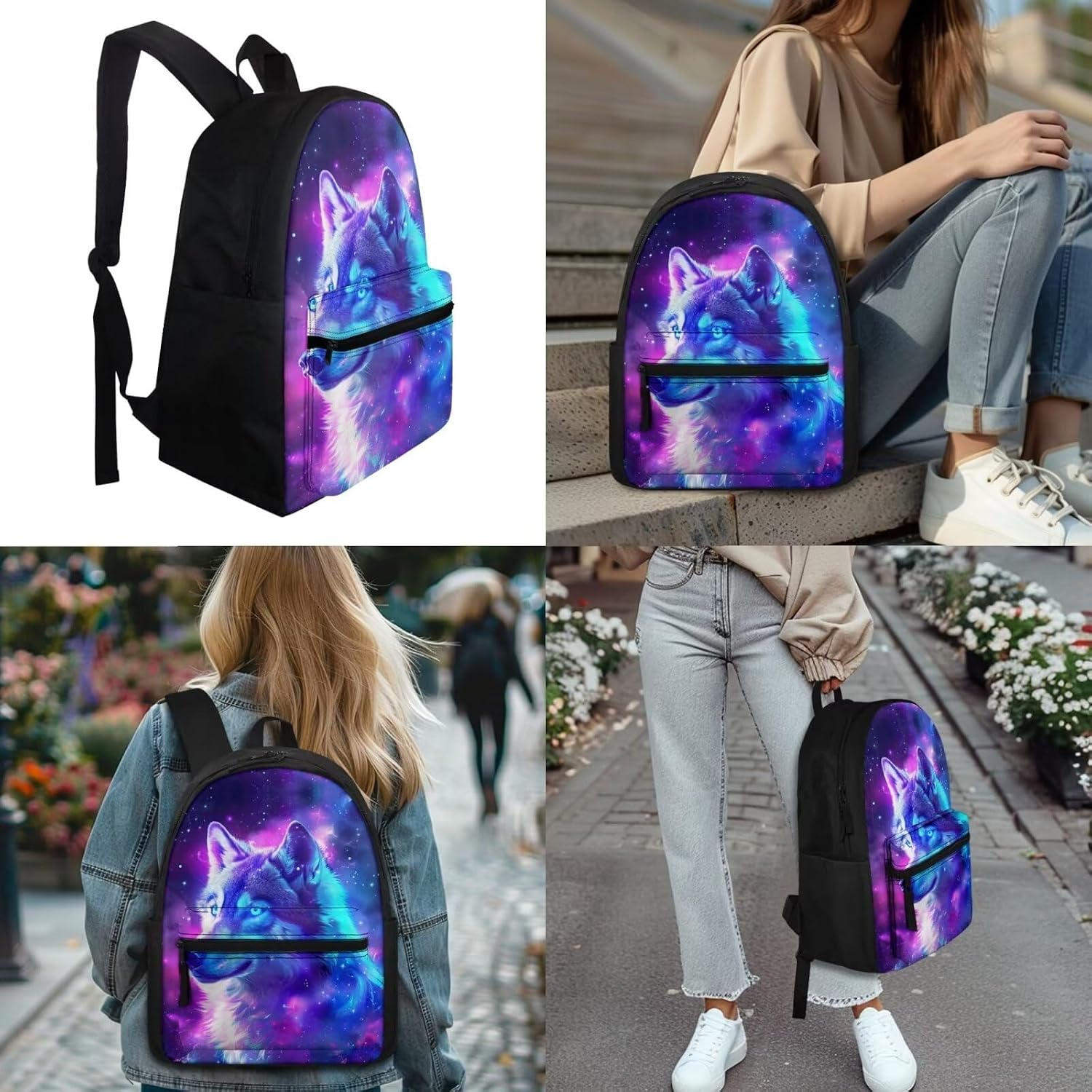Wolf Backpack with Lunchbox 3 in 1 School Bag for Boys 7-8 + Lunch Box + Pencil Case Cool School Bags for Girls 7-10 10-12 Lunch Bag Back to School Backpacks 15 Inch Book Bag