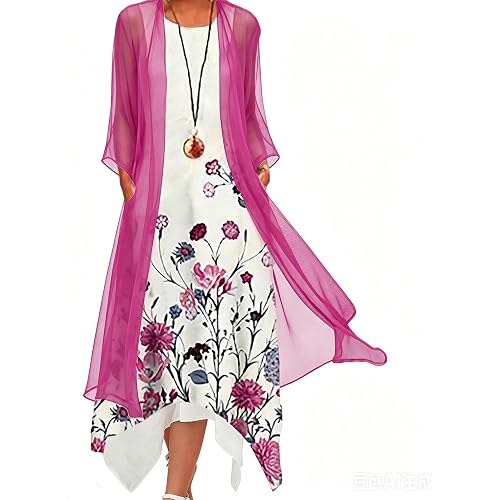Honwenle Women's Linen Dress 2 Piece Outfit Floral Sleeveless Loose Maxi Summer Dresses with Jacket Formal Casual