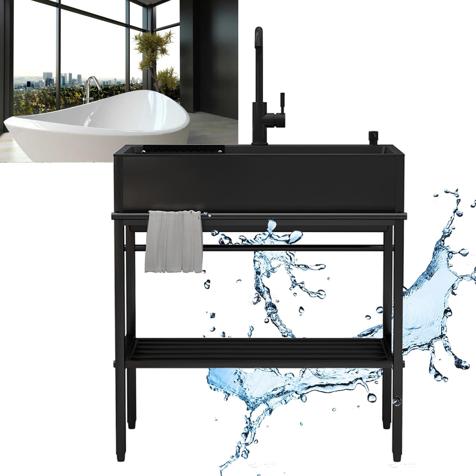 Évier de cuisine autoportant en acier inoxydable avec robinet eau chaude et froide