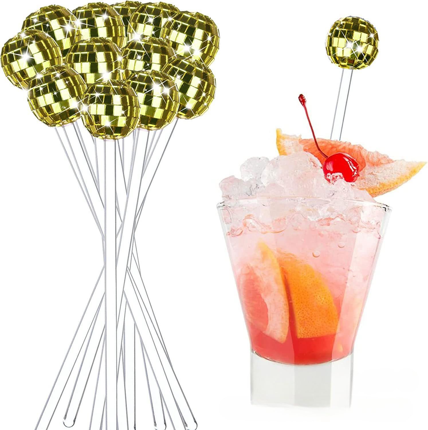 THE WHITE SHOP 24 Pcs Cocktail Stirrers Plastic Round Top Swizzle Sticks Cake Pops Mirror Ball Coffee Beverage Stirrers for Home Bar Coffee Shop Use/Gold