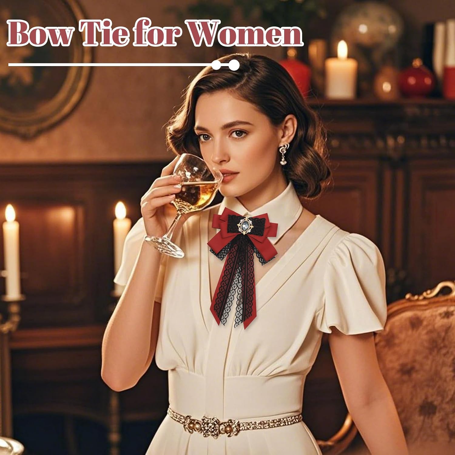 Lace Bow Tie for Women, Pre-tied Rhinestone Bowtie Ribbon Ladies Bow Ties for Prom Party Banquet Casual