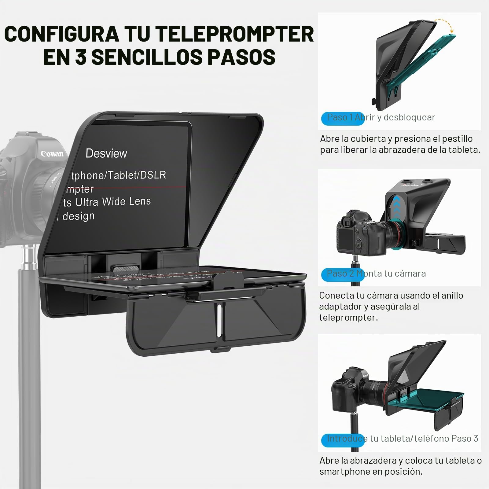 Desview Teleprompter T5 para Smartphone y Tablet, Grabación de Vídeo | Compatible con Cámaras DSLR. Incluye Anillos Adaptadores de 49-82 mm, Cristal Recubierto, Control Remoto Bluetooth, Aplicación