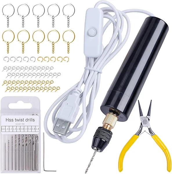 LET'S RESIN Electric Drill, 74Pcs Hand Drill with 3-Jaw Clamp-Applicable to A Larger Drilling Range (0-3mm), Grip Nose Pliers, Keychain Making Kit, Jewelry Making Kit, Jewelry tools, for Resin